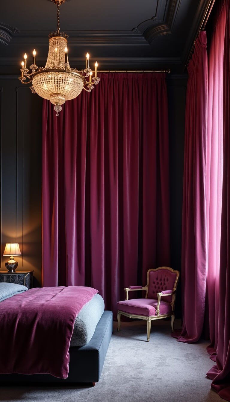 Moody evening master bedroom with floor-to-ceiling magenta velvet curtains, dark navy walls, charcoal grey upholstered king bed, crystal chandelier, and mirrored accent furniture.