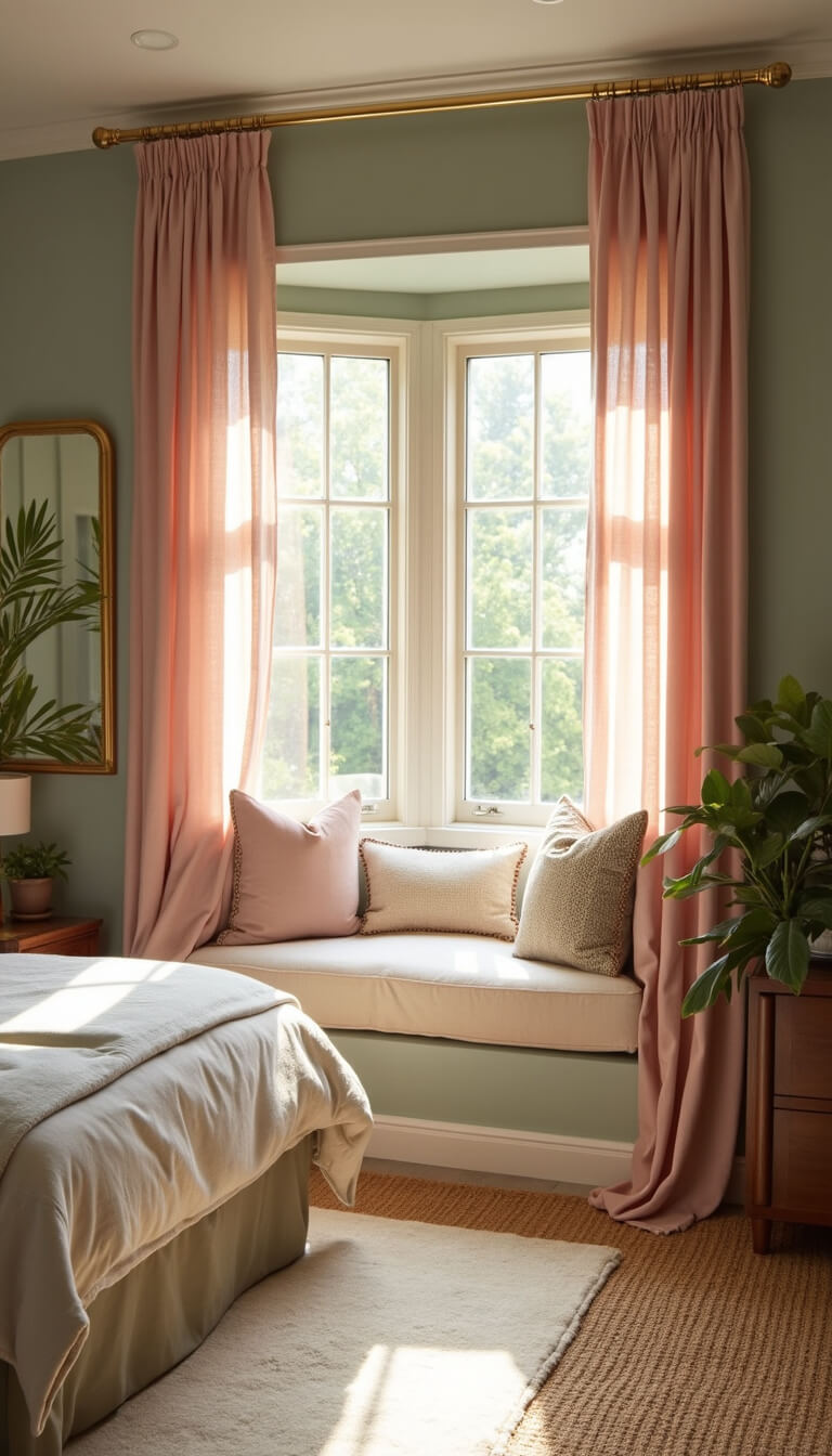 Bright corner bedroom with bay window and layered pink curtains, mid-century modern furniture, brass accents, sage green accent wall, cream carpet, rattan details, and golden hour lighting.