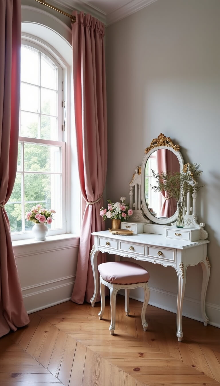 Romantic boudoir with French provincial white furniture, arched windows with dusty rose silk curtains, herringbone hardwood floor, antique gold mirrors, and soft diffused lighting.