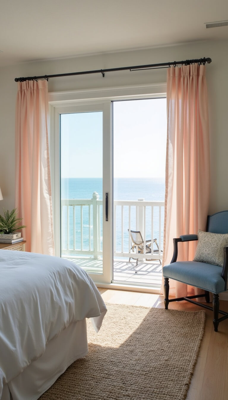 Coastal bedroom with panoramic windows, sheer pink curtains, white furniture, and ocean view.