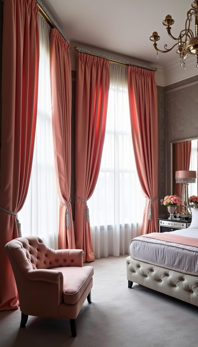 Hollywood Regency master suite with salmon pink silk curtains, tufted headboard, mirrored furniture, and grey wallpaper, viewed from above.
