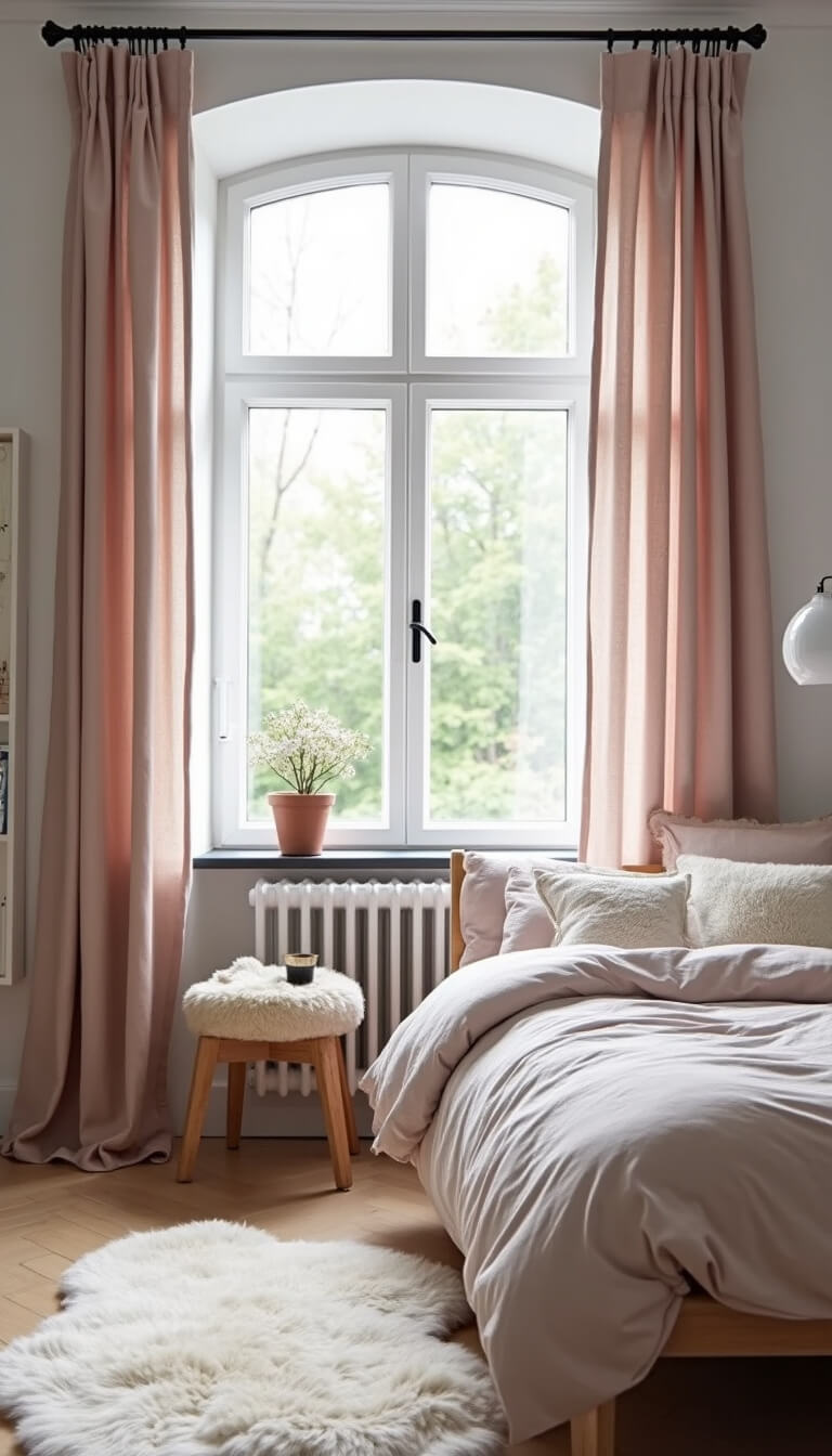Scandinavian-style 11x13 ft bedroom with picture window, barely-pink linen curtains, blonde wood furniture, sheepskin accents, white walls, pale oak floors, and black metal details in bright diffused daylight.