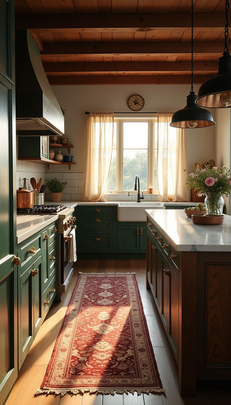 Moody farmhouse kitchen with forest green cabinets, reclaimed wood island, and golden hour light through lace curtains.