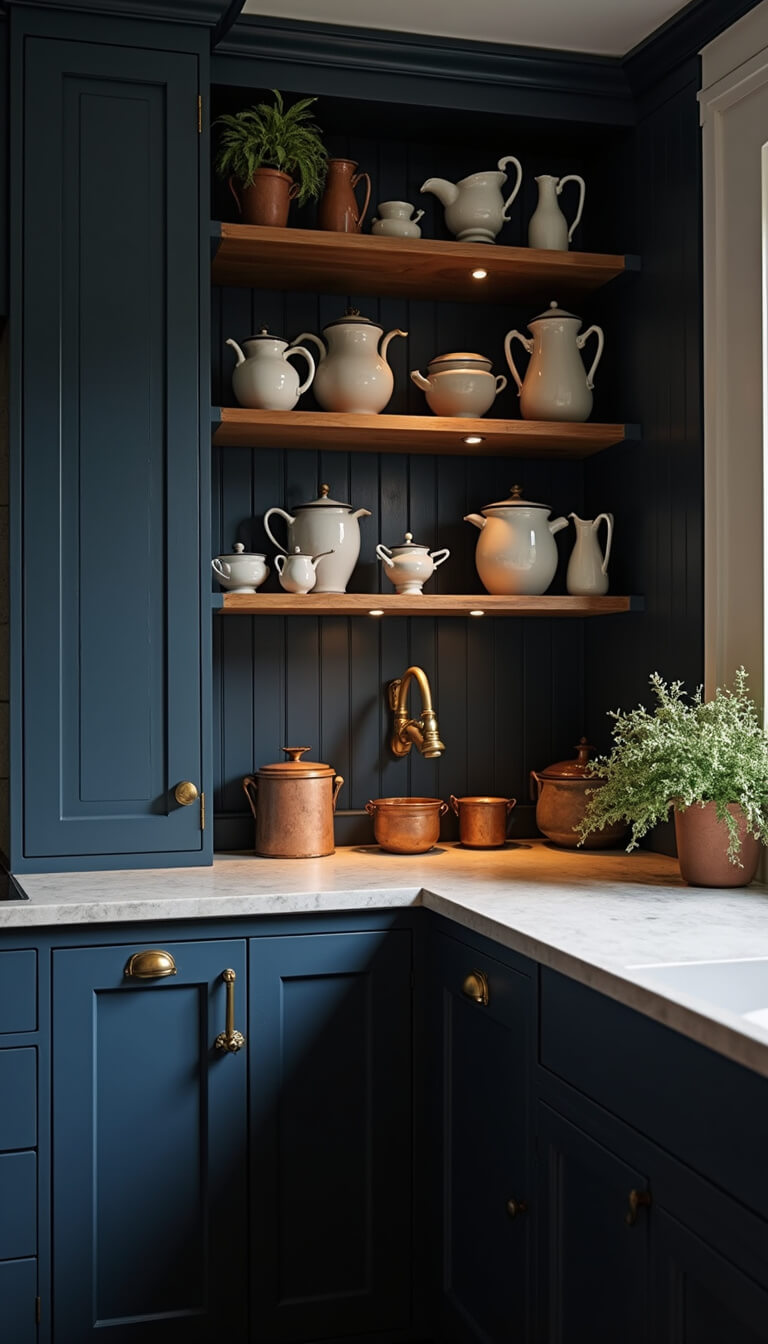 Navy blue kitchen corner at dusk with open shelves displaying ironstone pottery and copper vessels, warm under-cabinet lighting casting shadows, weathered brass faucet on soapstone countertop, and vintage enamelware against dark walls.