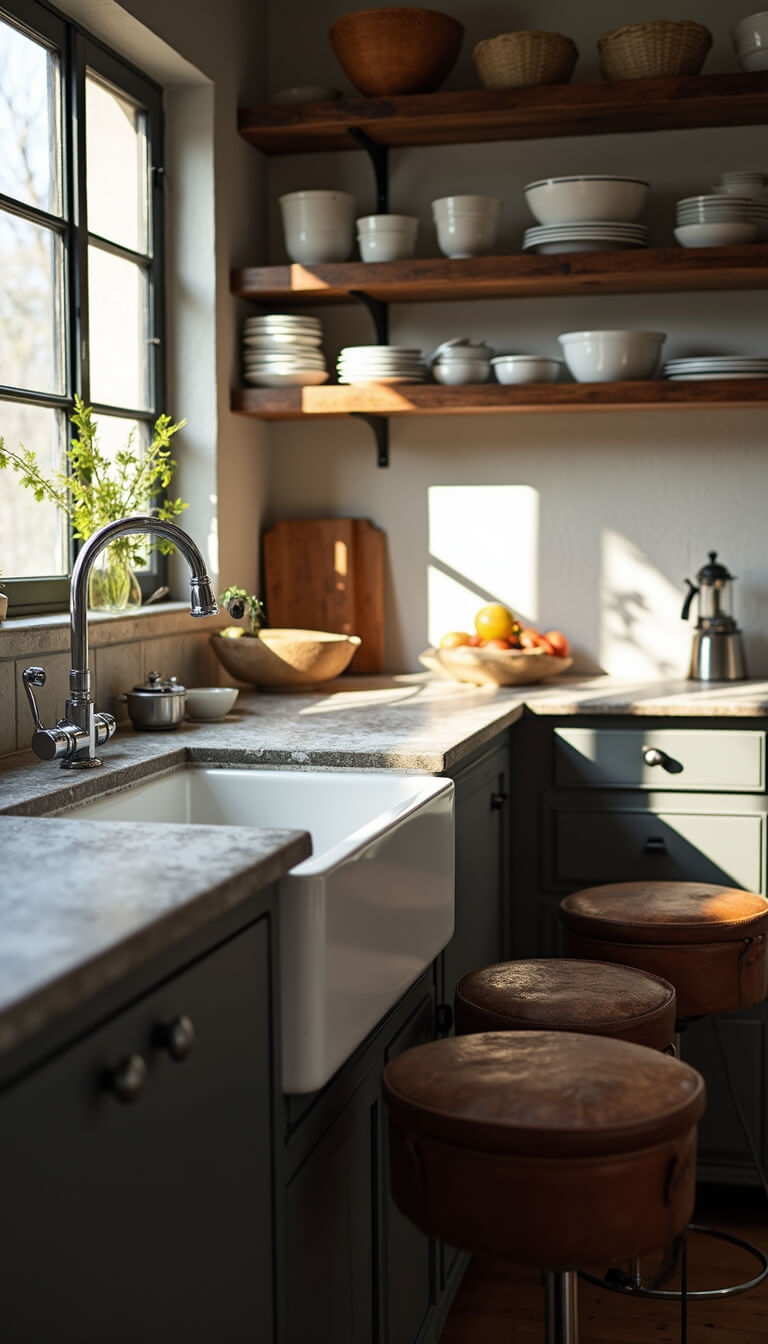 Flour-dusted farmhouse kitchen with vintage bowls, charcoal gray cabinets, and sunlight highlighting woven baskets and textured details.