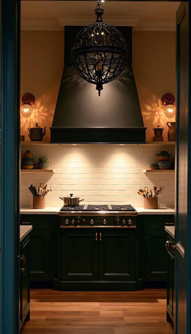 Twilight kitchen with espresso-stained hood vent, black iron chandelier casting shadows on subway tile, deep green cabinets, open shelves with earthenware, and copper sconces providing ambient glow.