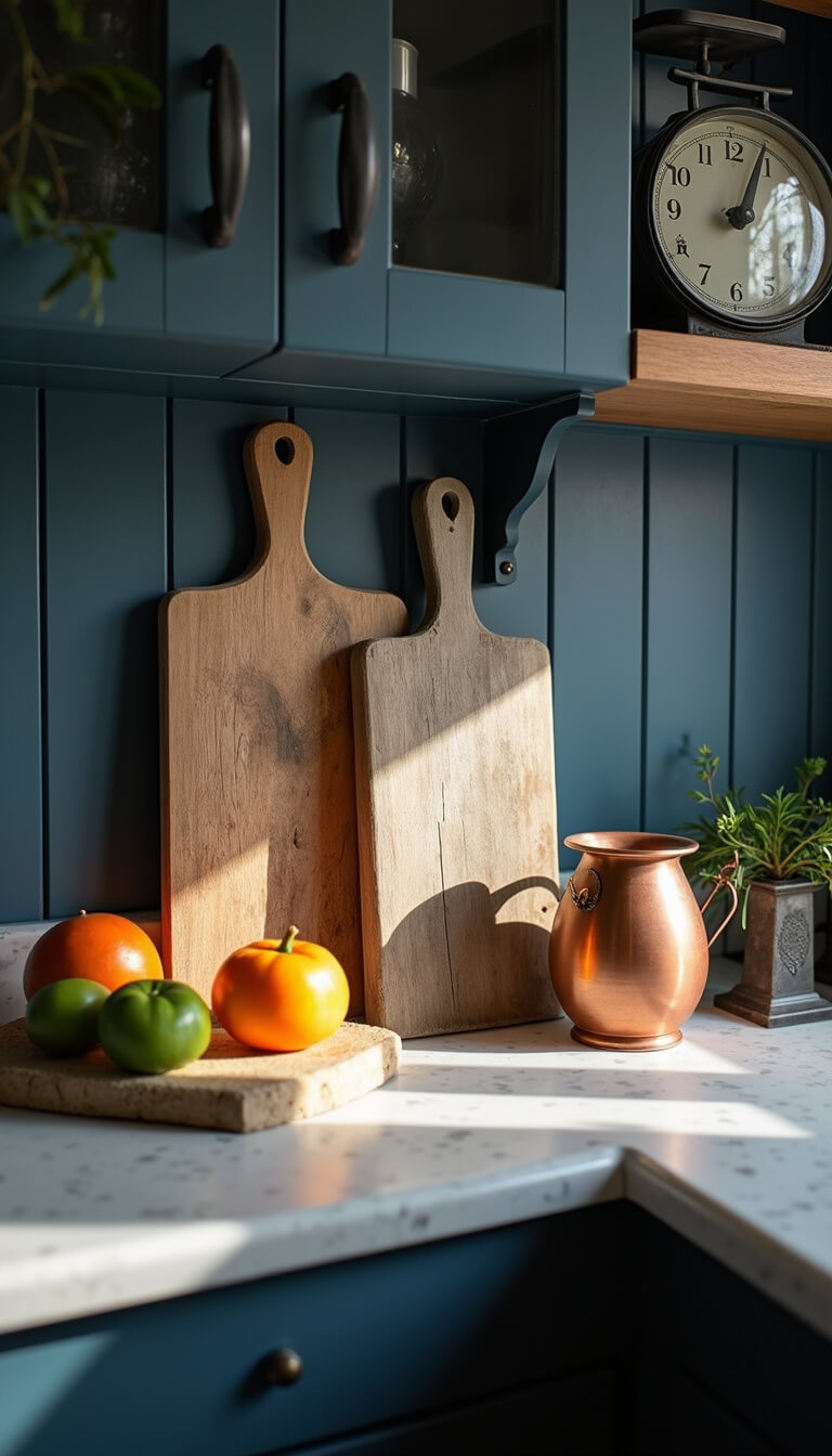 Close-up of kitchen island with vintage scale, seasonal produce, weathered cutting boards, and copper vessels in soft morning light.