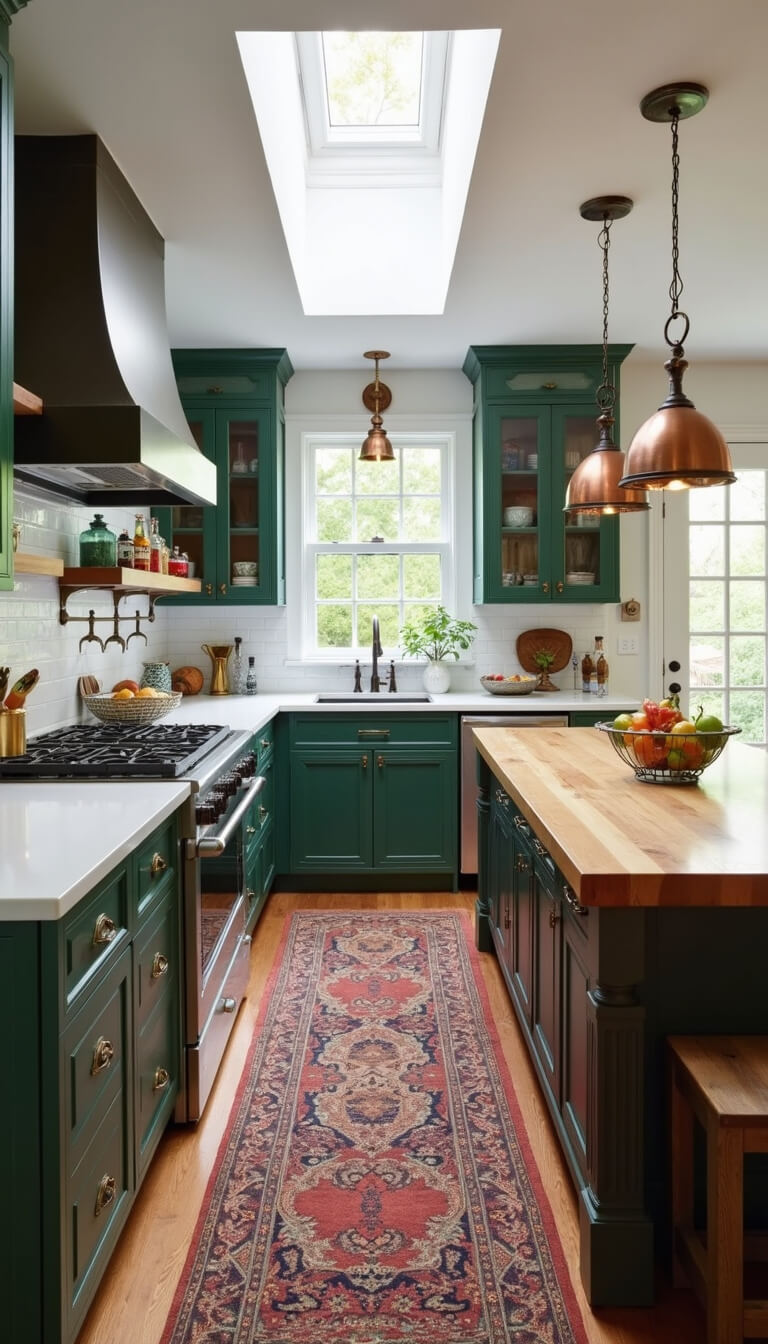 Overhead view of L-shaped kitchen with forest green cabinets, antique butcher block island, vintage runner, and mixed metal accents under skylight lighting.