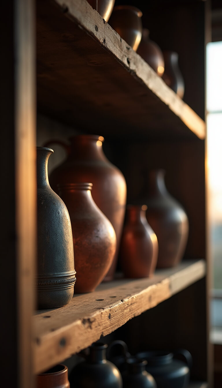Close-up of open shelving at sunset with vintage ironstone, copper vessels, and dark wood, dramatically lit to highlight textures and patina.