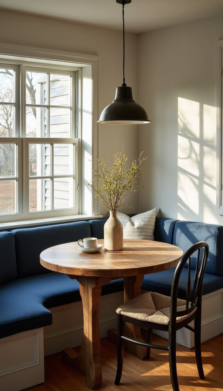 Early morning kitchen with built-in breakfast nook, navy cushions, reclaimed wood table, and vintage pendant light casting warm glow through steel-framed windows.