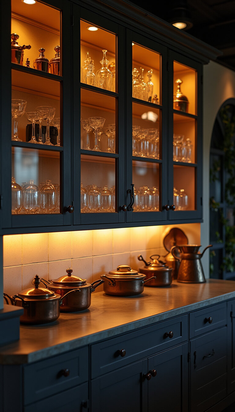 Illuminated charcoal glass-front cabinets displaying vintage glassware with copper pots reflecting warm light in a layered evening ambiance.