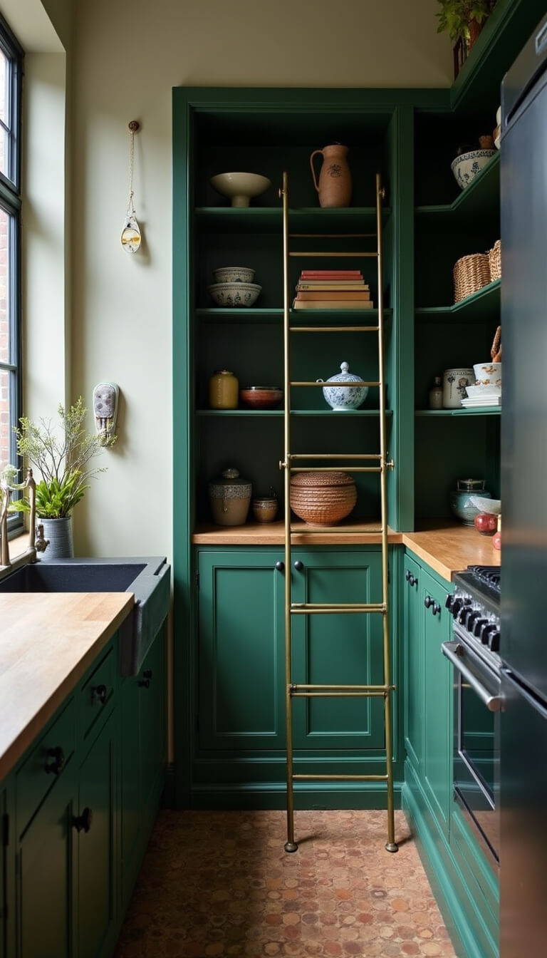 Dramatic blue hour kitchen corner with forest green pantry, brass ladder, and styled shelves under mixed lighting.