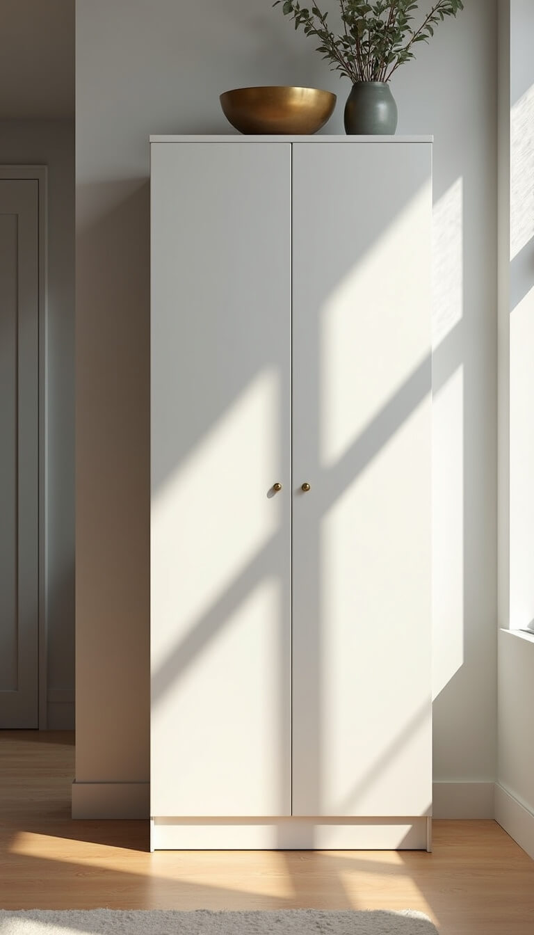 Minimalist entryway with white IKEA HEMNES shoe cabinet against light gray wall, brass bowl and dried eucalyptus on top, lit by warm afternoon sunlight.