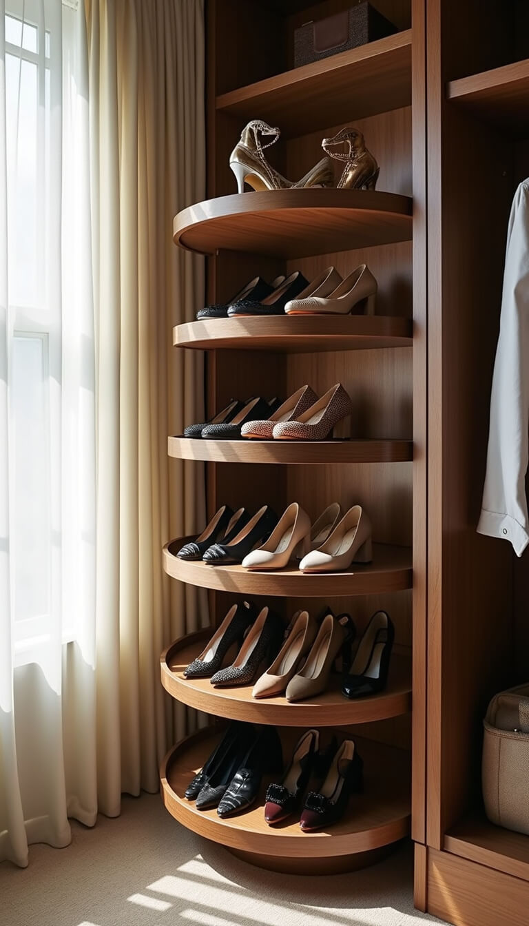 Rotating 4-tier walnut shoe shelf in compact walk-in closet with soft morning light and boutique-style ambiance.