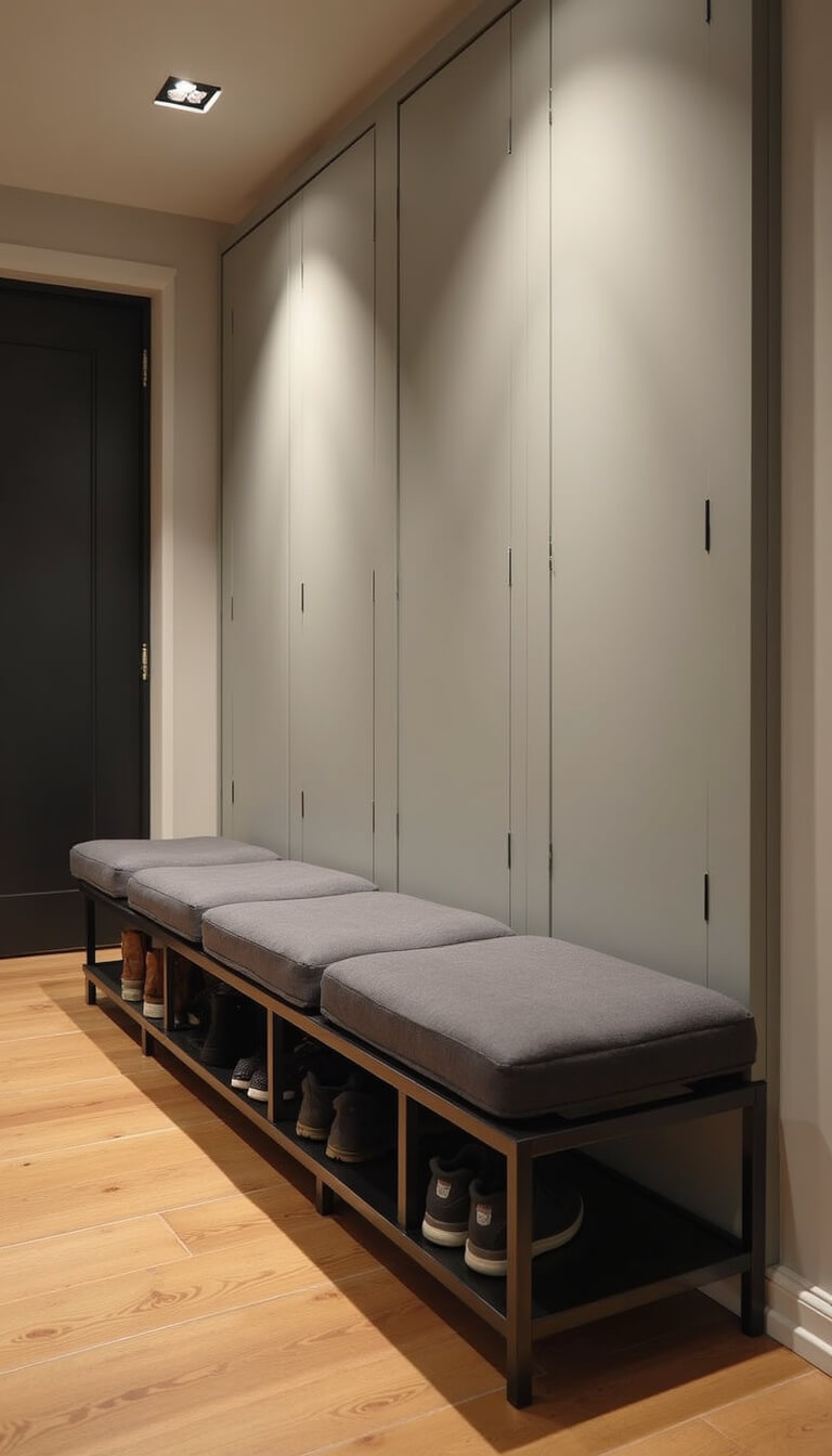 Modern studio apartment entrance with charcoal gray upholstered storage bench, metal frame, hidden shoe compartments, warm wood flooring, and evening spotlight lighting.