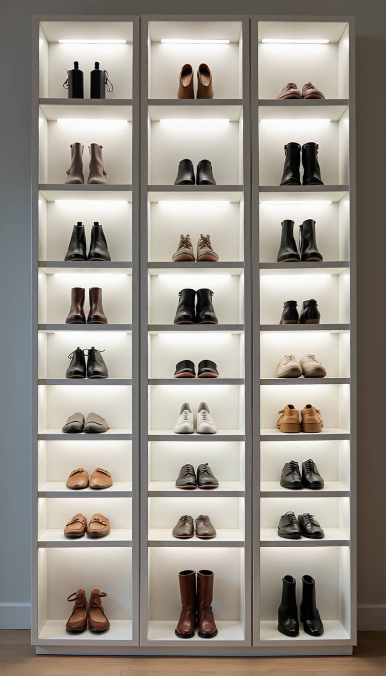 Vertical shoe wall with white IKEA BILLY bookcases, each shelf lit by cool white LED strips, displaying organized shoe collection gallery-style.
