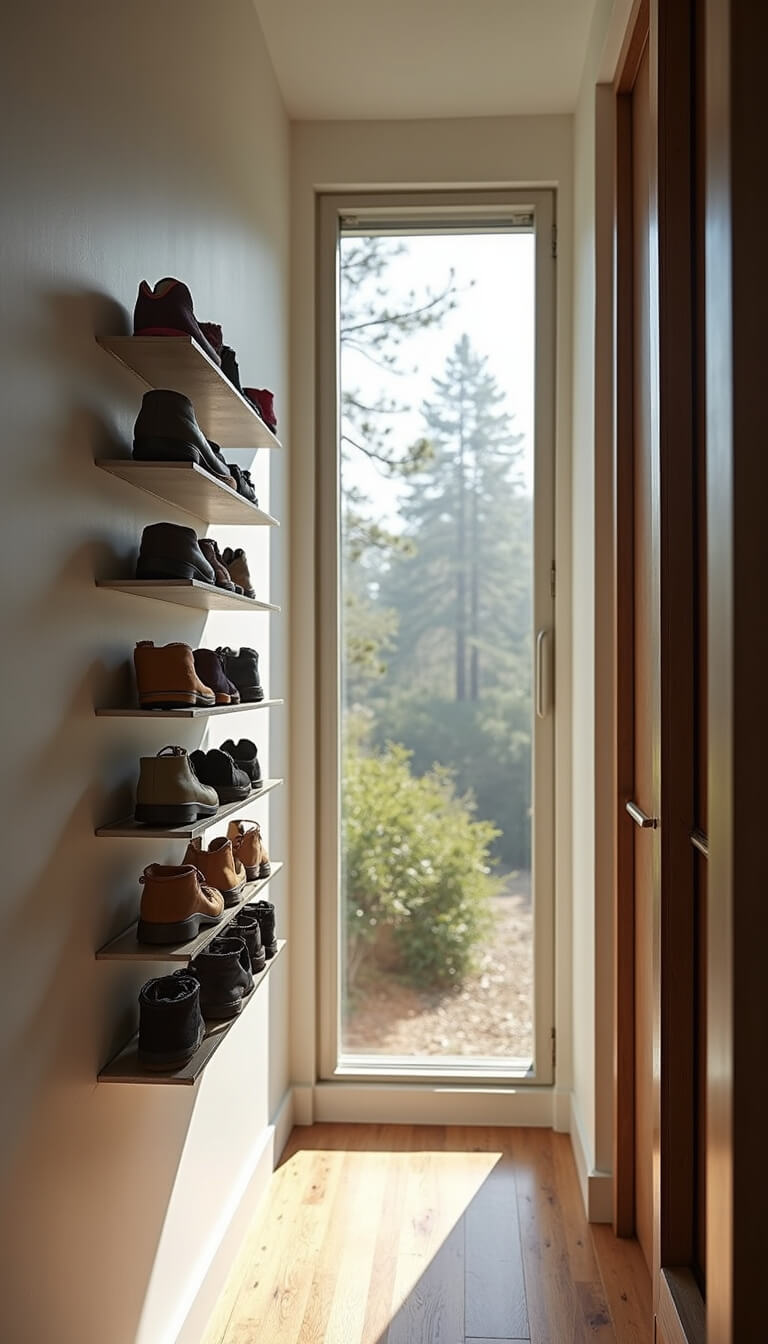 Slim brushed steel shoe racks mounted in a narrow hallway with alternating shoes, dramatic afternoon sunlight casting shadows, low angle highlights vertical space use.