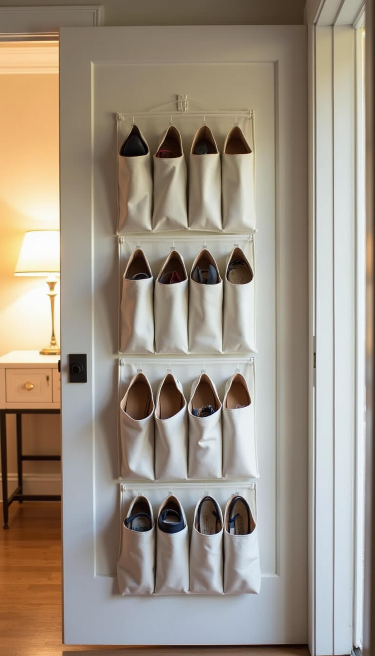 Clear over-door organizer with fabric pockets holding pairs of shoes on a door, warm light from adjacent room illuminating the scene.