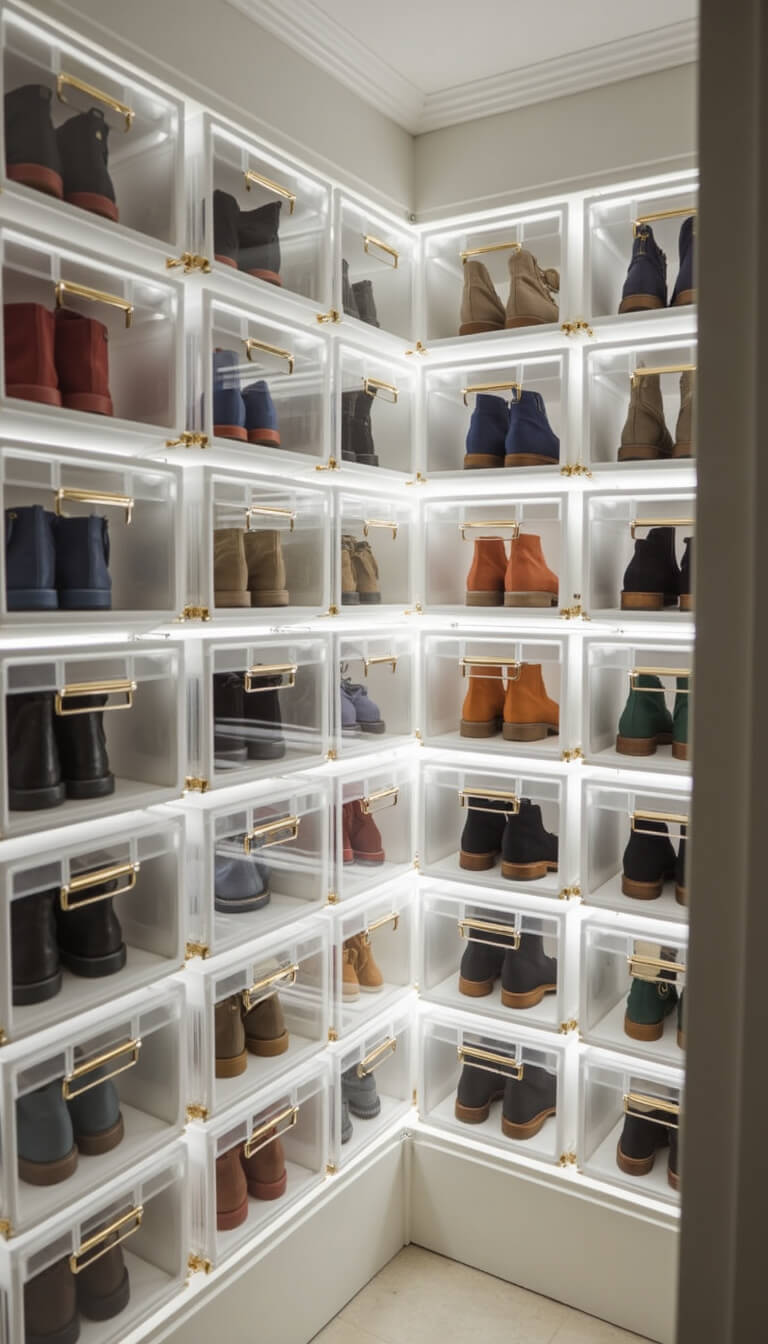 Custom closet corner with stackable clear shoe boxes, gold hardware, and color-coordinated shoes under cool white lighting.