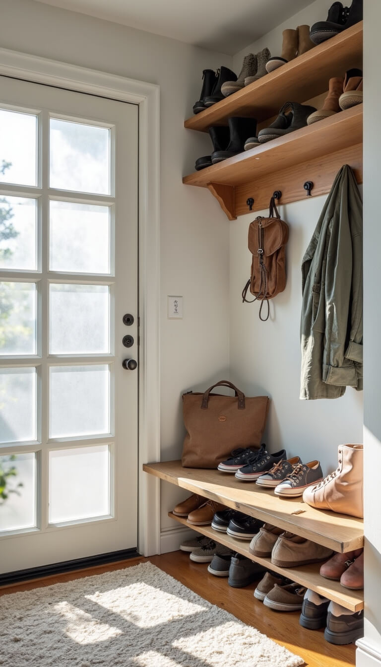 Bright mudroom with wall-mounted rails and floating shelves holding daily and seasonal shoes, lit by morning light through frosted glass door.
