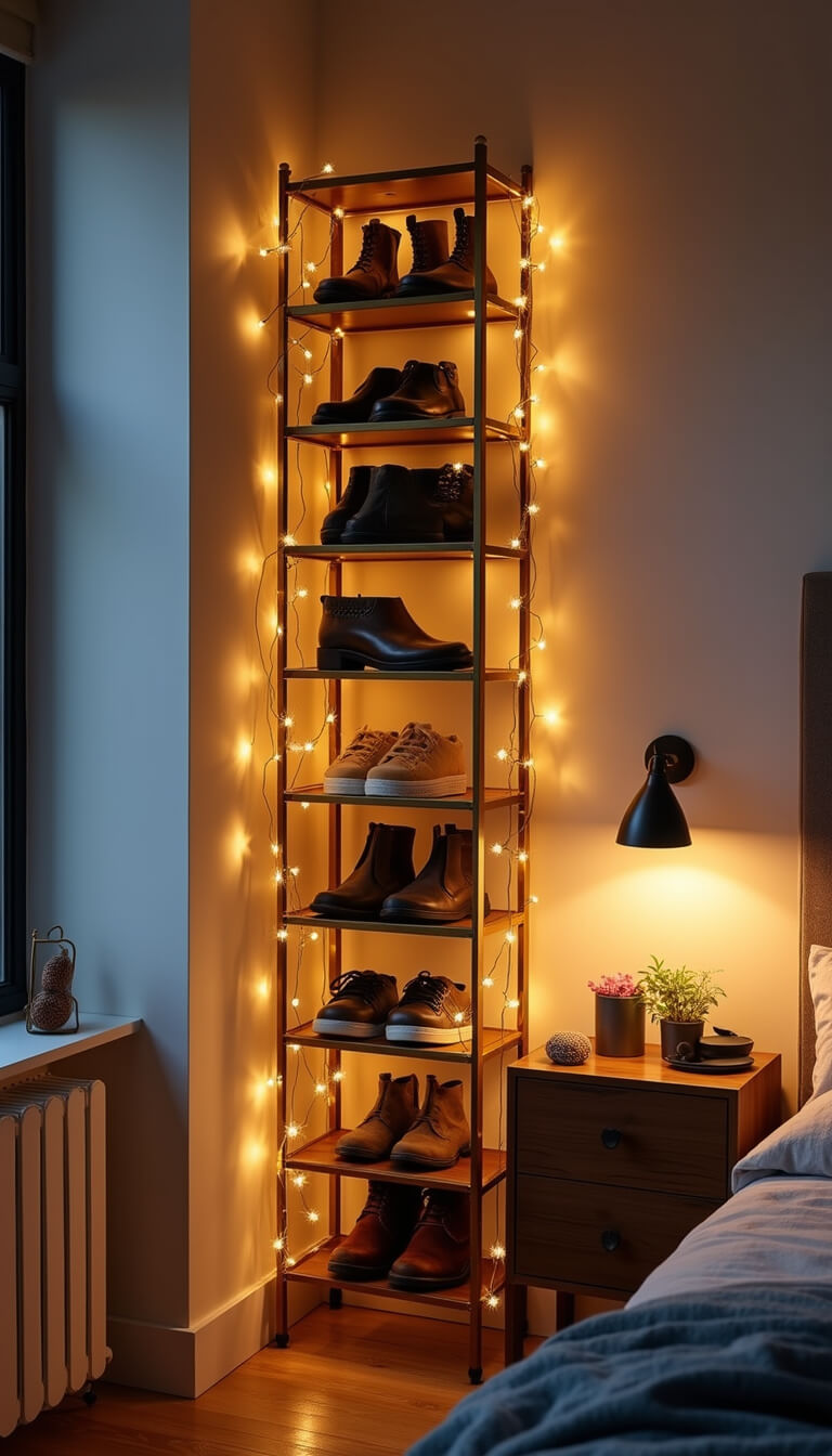 Brass vertical shoe storage tower in studio apartment corner with ambient evening lighting and string lights, placed between window and dresser.