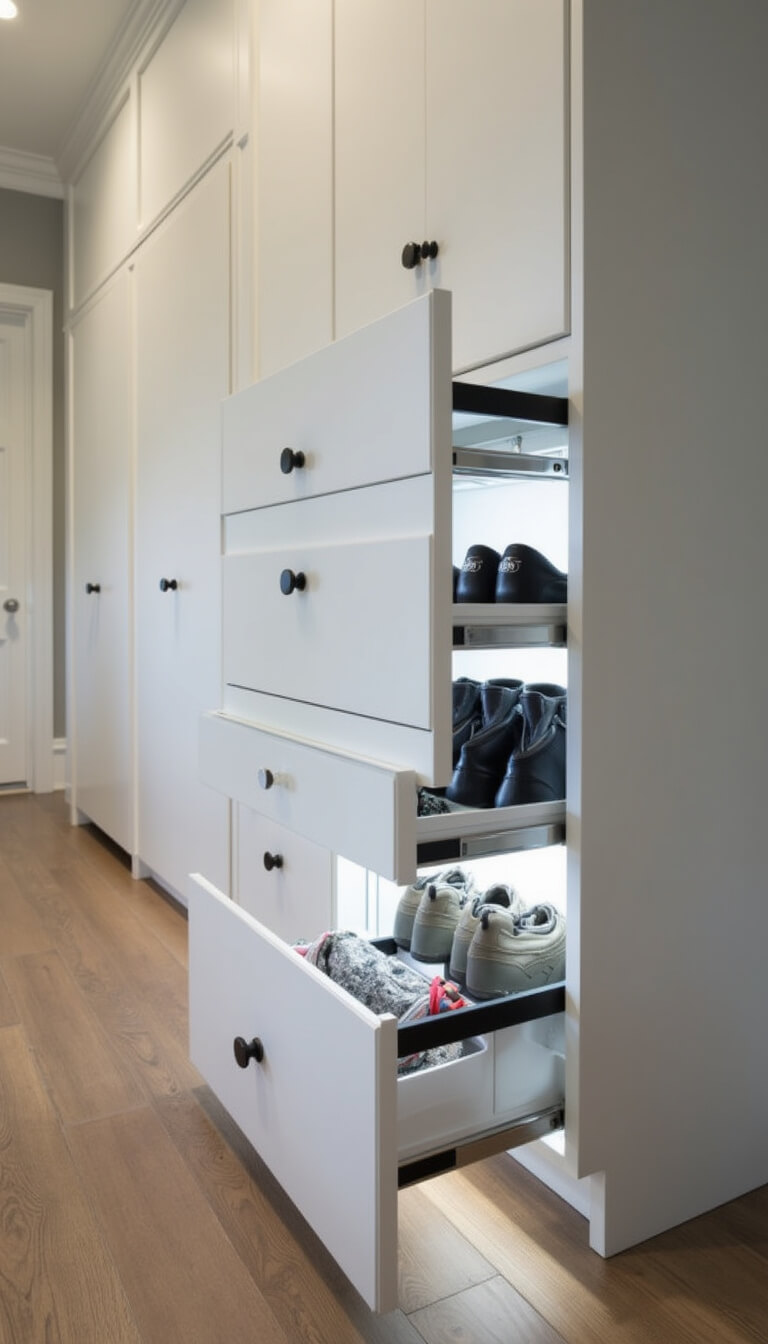 Entryway with white lacquer built-in shoe storage featuring pull-out drawers, recessed LED lighting, and matte black hardware, shown straight-on.