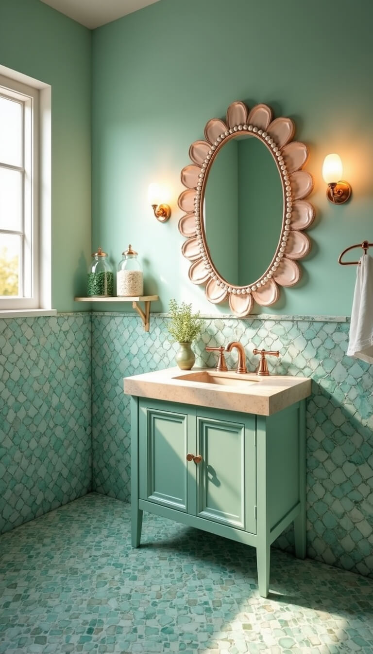 Mermaid-themed bathroom with iridescent aqua tiles, seafoam walls, shell mirror, and rose gold fixtures lit by golden hour sunlight and warm sconces.