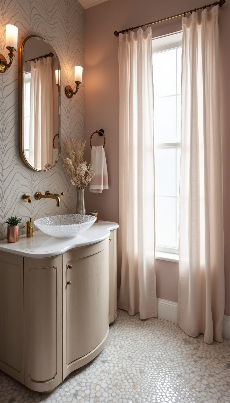 Overhead view of a 5x6ft powder room with mother-of-pearl and silver shell-patterned floor tiles, driftwood vanity with glass vessel sink, blush wave-textured wallpaper, and coral-shaped brass hooks holding ombre towels in soft morning light.
