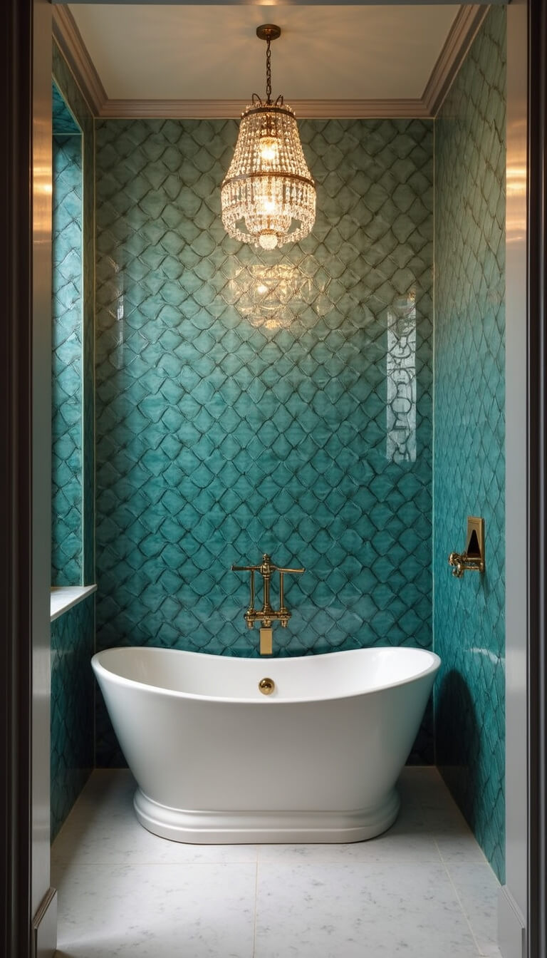 Luxurious master bathroom at twilight with curved shower of scale-pattern teal-to-aquamarine glass tiles, pearl soaking tub under crystal chandelier, seafoam wallpaper, and aged brass accents.