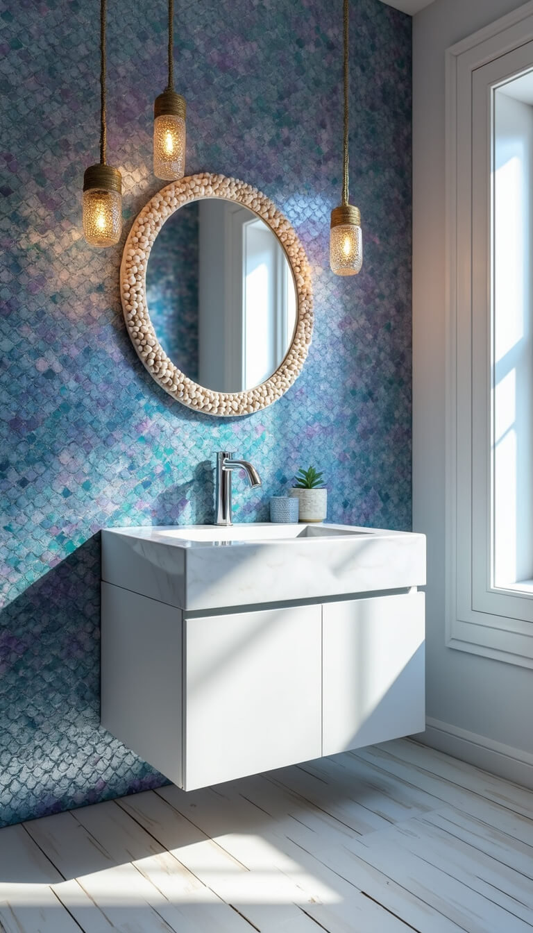 Low-angle view of a corner bathroom with iridescent blue and purple fish scale tile feature wall, white pearl floating vanity, circular shell-rimmed mirror, and textured glass pendant lights casting wave-like reflections.