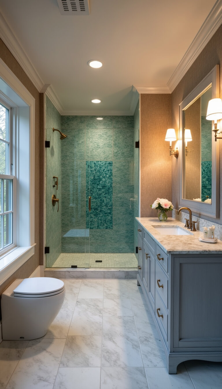 Spa-inspired 9x11ft bathroom with mosaic glass shower wall, coastal gray vanity, shell sconces, and sea grass wallpaper, softly lit at dusk.