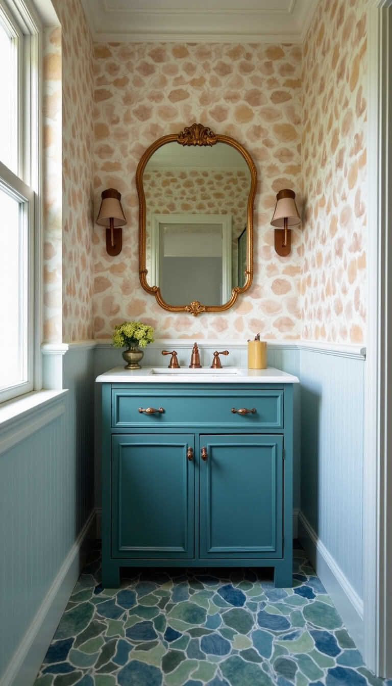 Compact guest bathroom with pearlescent shell-pattern ceiling, teal wall-mounted vanity, copper fixtures, ocean blue ceramic tiles, and vintage gold scalloped mirror in warm morning light.