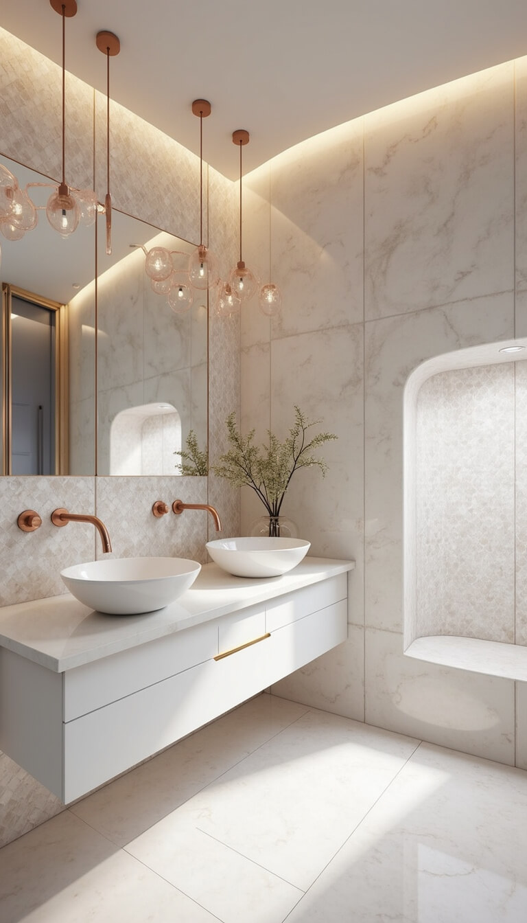 Modern 8x10ft bathroom with curved mother-of-pearl tiled wall, floating white double vanity with rose gold hardware, clam shell sinks, and bubble glass pendant lights.