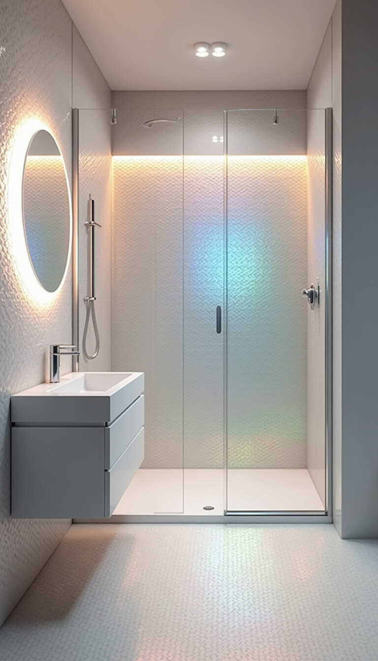 Minimalist 8x8ft bathroom with iridescent micro tiles, wall-mounted vanity, LED-lit round mirror, and glass shower partition, viewed from entrance at noon.