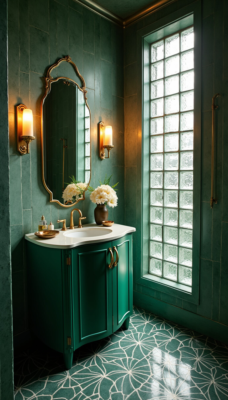 Art Deco bathroom with black pearl fan-patterned tile floor, emerald green curved vanity with gold shell handles, scalloped lit mirror, and sea glass-accented glass block window, shot at an angle in dramatic evening lighting.