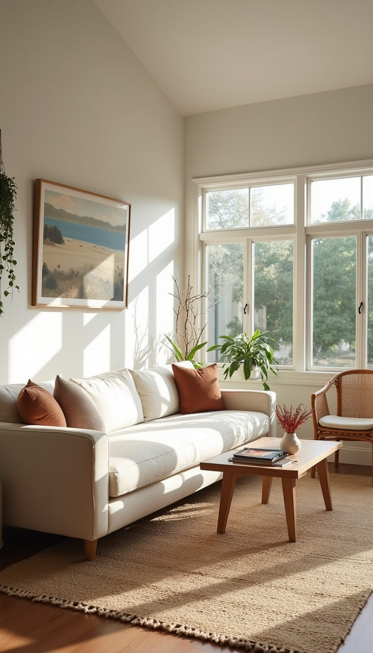 Serene sunlit living room with cream linen sofa, oak coffee table, neutral rugs, rattan chair, and trailing pothos in natural light.