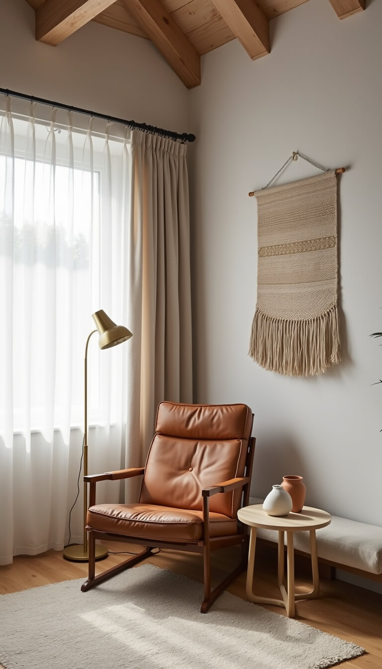 Scandinavian corner nook with leather reading chair, brass floor lamp, sheer curtains, woven wall hanging, and ceramic vessels on low bench in soft morning light.