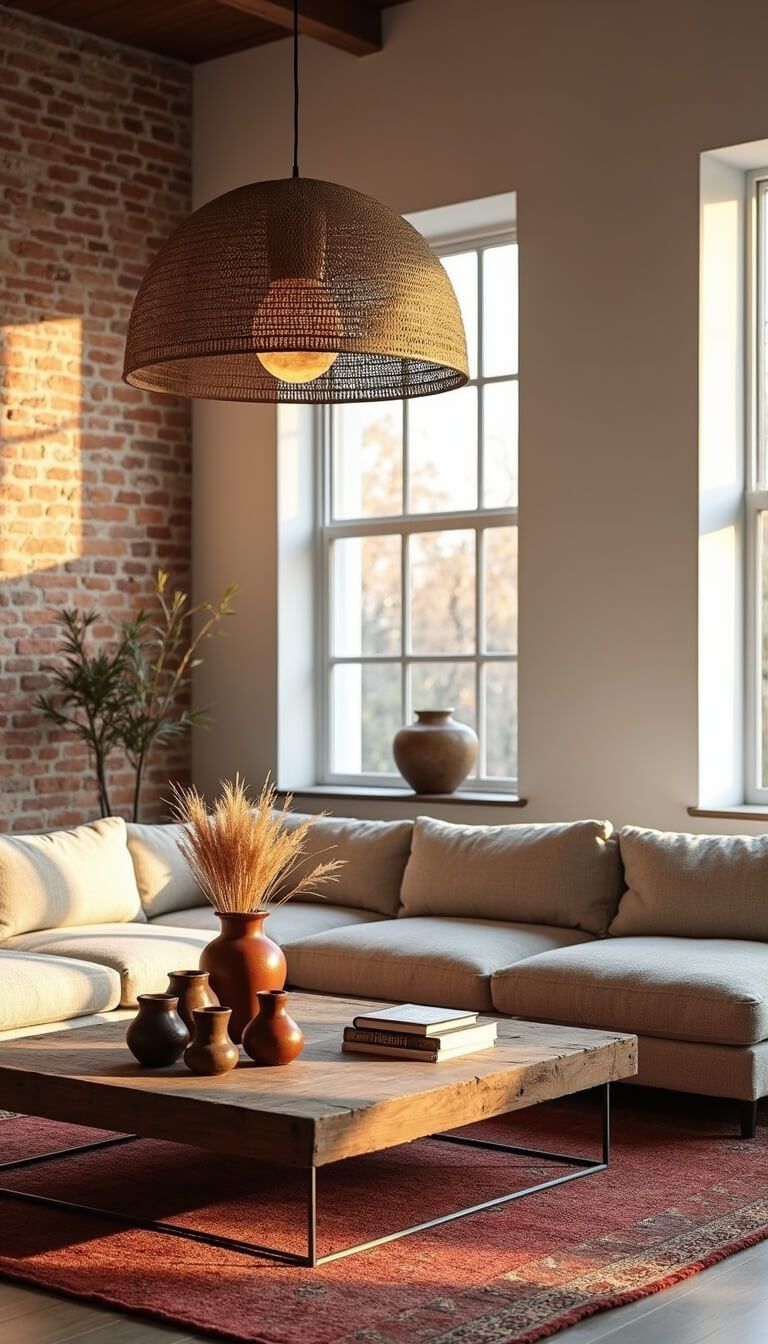 Open-concept living area with white-painted exposed brick wall, oatmeal bouclé sectional on vintage Moroccan rug, rattan pendant light casting shadows, earthenware pots with pampas grass, art books on reclaimed wood coffee table, bathed in golden hour light.