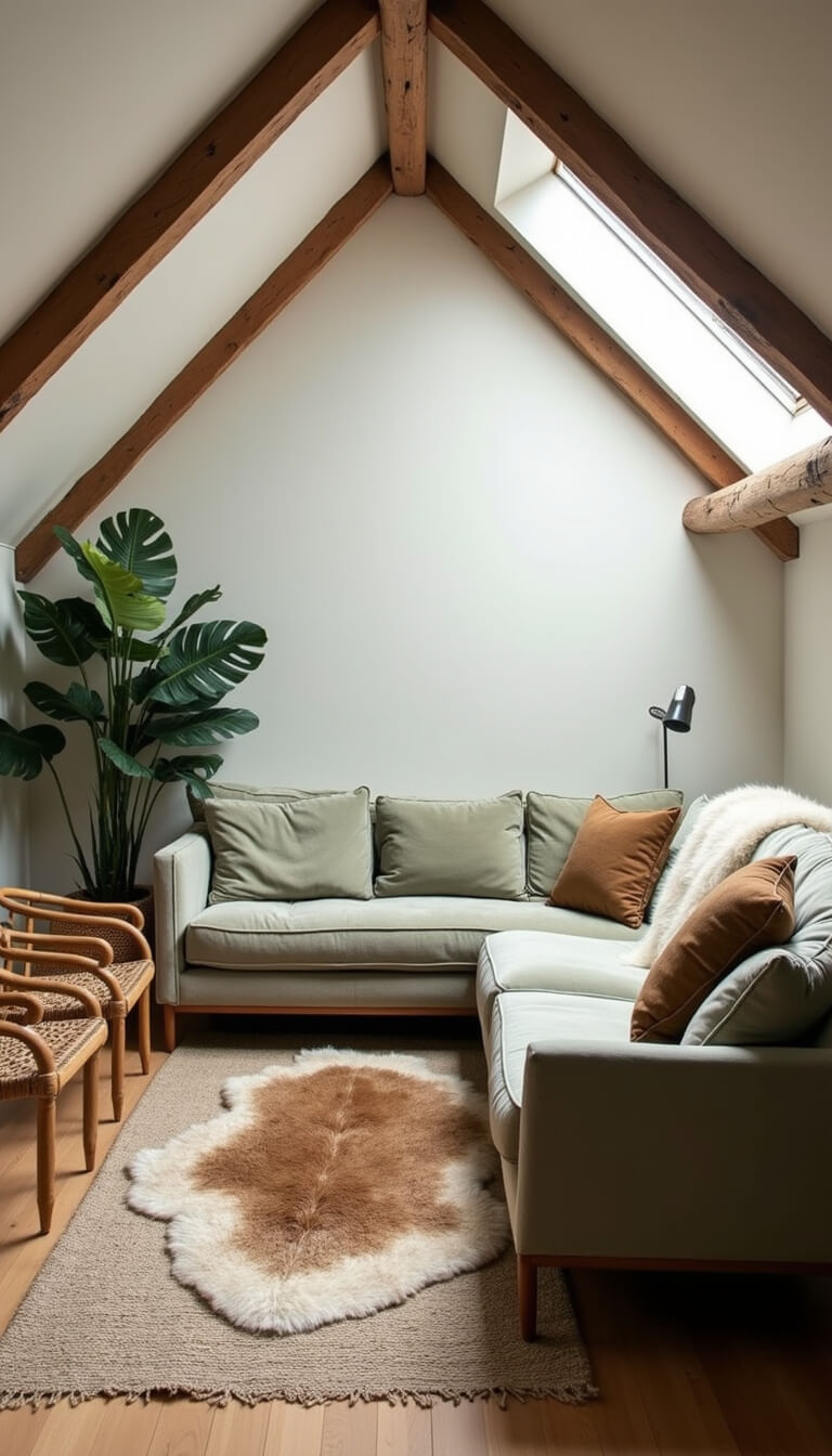 Cozy 15x15ft living space with vaulted ceiling, exposed beams, sage green mid-century sofa, rattan chairs, sheepskin throws, and large monstera plant in natural morning light.