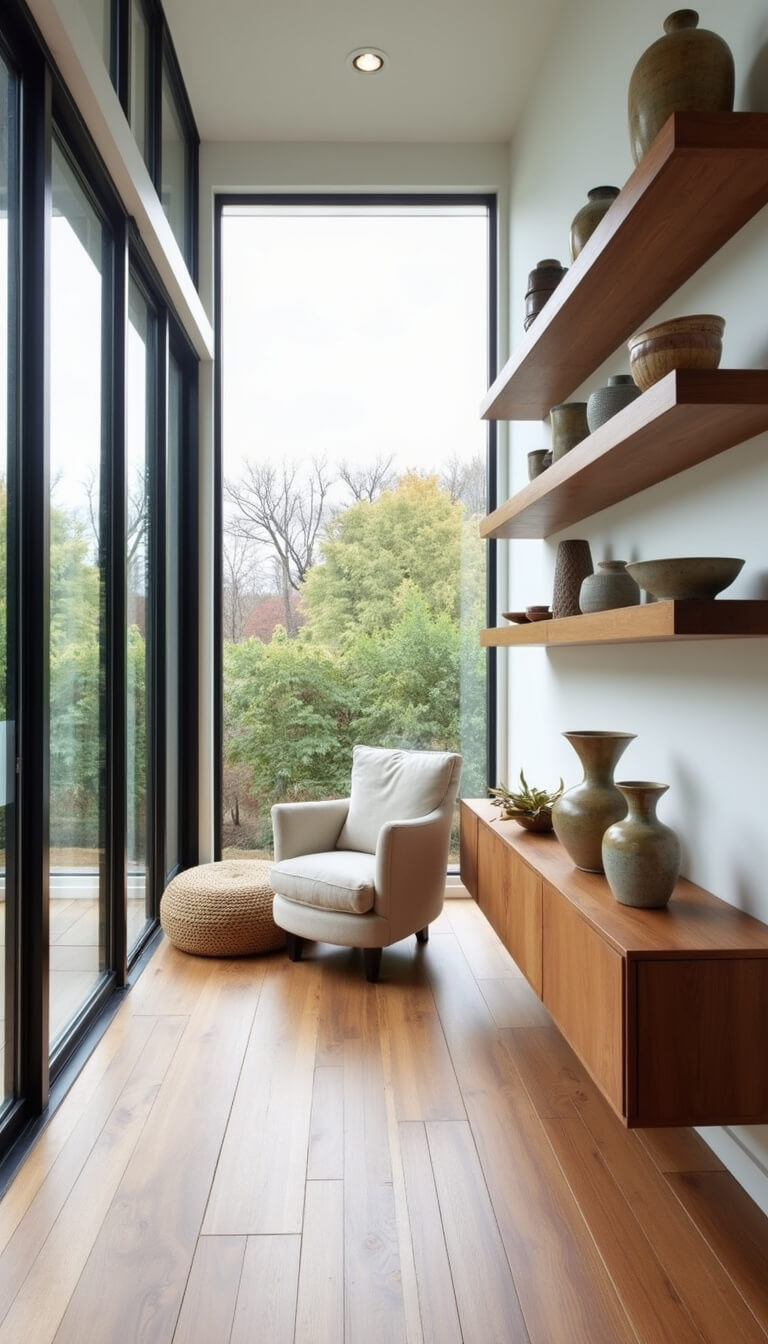 Modern 18x20ft living room with floor-to-ceiling windows, floating oak media console, ceramic and brass decor, linen armchair, jute pouf, and pottery on floating shelves in soft overcast daylight.