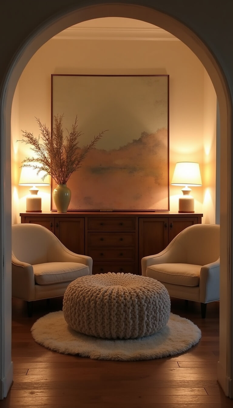 Cozy sitting area with cream bouclé armchairs, chunky knit ottoman, vintage sideboard, abstract wall art, and warm lighting at dusk.