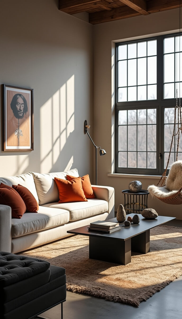 Modern studio living space with industrial windows, platform sofa in natural canvas, rust and terra cotta pillows, black metal coffee table with art books and stone objects, hanging chair with sheepskin, and mid-morning sunlight casting graphic shadows.