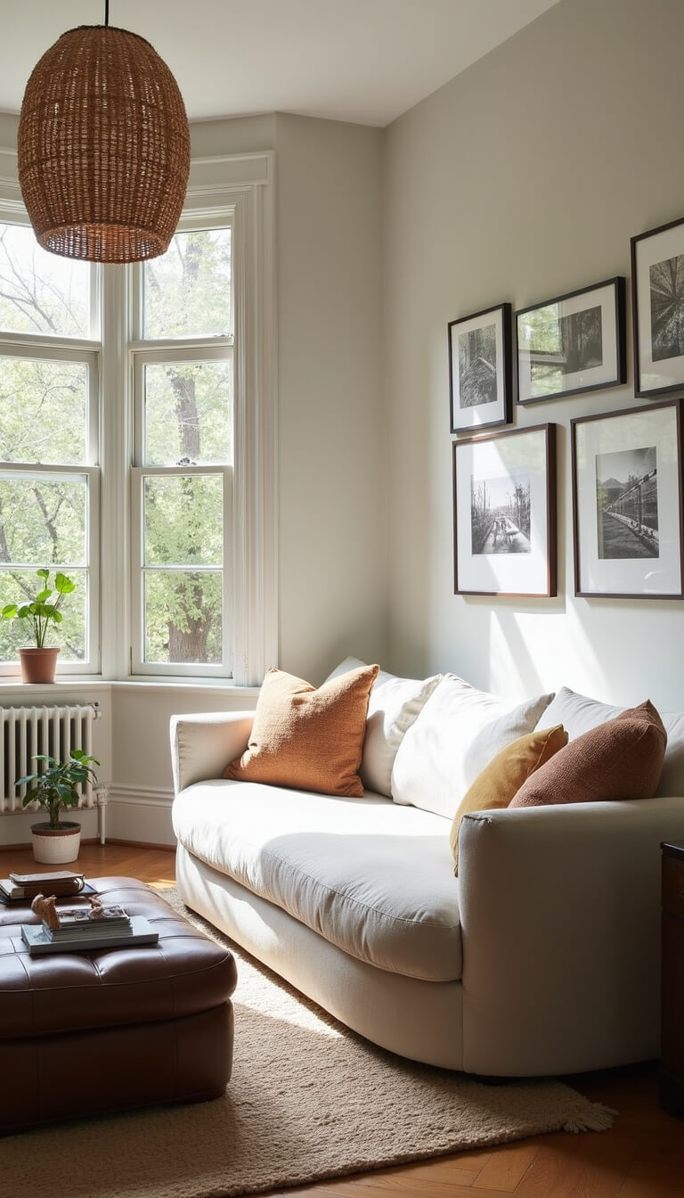 Compact 14x16ft living room with ivory curved sofa, vintage leather ottoman, bay window with morning light, black and white photo gallery wall, and woven pendant casting shadows.
