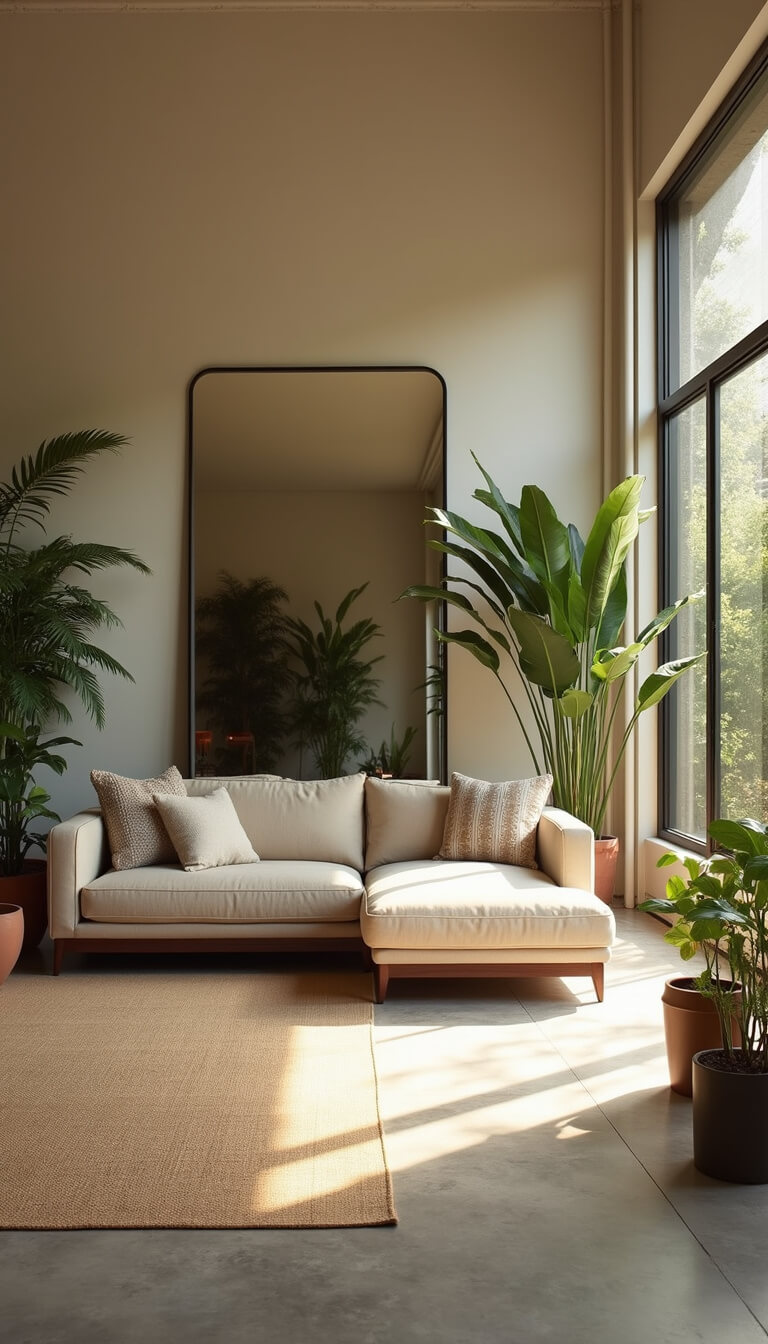 Open living space with concrete floors, low-profile linen sectional, textured pillows, oversized mirror, potted plants, and warm late afternoon light creating a serene, expansive atmosphere.