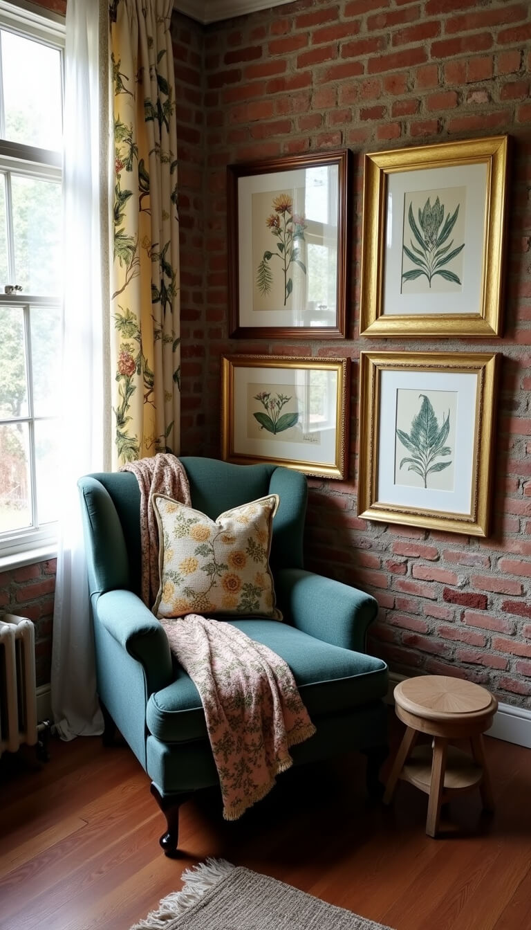 Cozy reading nook with peacock chair, silk throws, botanical curtains, and vintage framed prints on exposed brick wall.