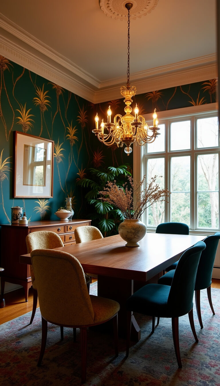 Dramatic 18x22ft dining room with crown molding, statement chandelier, vintage velvet chairs around a mid-century teak table, teal and gold palm wallpaper, and moody dusk lighting.