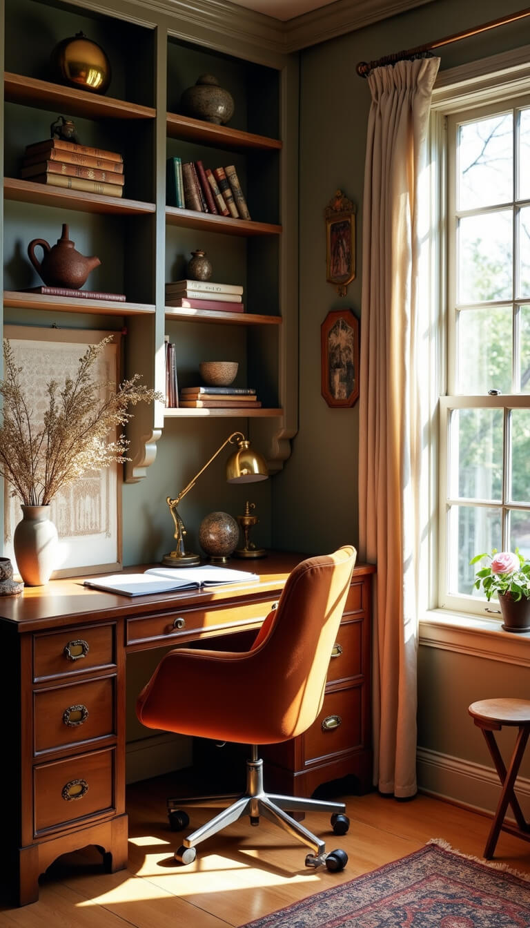 Cozy 12x14ft home office with antique wooden desk, burnt orange velvet chair, built-in shelves with global artifacts and books, and handwoven wall hanging in natural morning light.