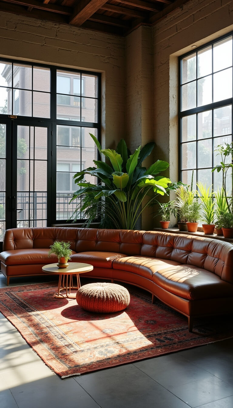 Wide-angle view of a 25x30ft open-concept living area with industrial windows, curved cognac leather sofa, vintage kilim poufs, brass side tables, oversized philodendrons, and dramatic midday lighting highlighting textures.