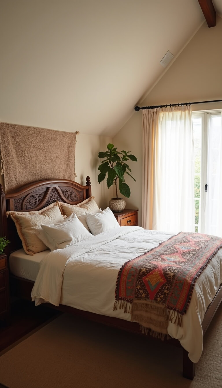 Cozy vaulted-ceiling bedroom with carved wooden bed, linen bedding, vintage quilts, and soft morning light filtering through curtains.
