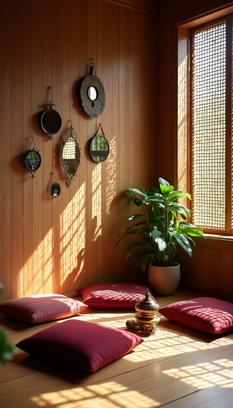 Compact 10x12ft meditation corner with bamboo flooring, jewel-toned floor cushions around a brass incense holder, rattan screens casting geometric shadows, and vintage mirrors reflecting afternoon light.